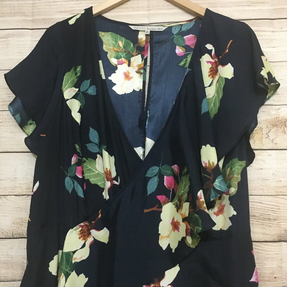 RACHEL Rachel Roy Dress Floral Ruffled Wrapped Midi Pocket Lined Black Size 2X - Picture 3 of 10